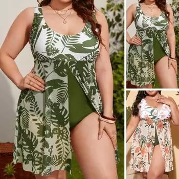 Плюс размер Женский летний купальник без рукавов с U-образным вырезом и растительным принтом, с разрезом по низу, слитный купальник с утягивающим животом, быстросохнущий пляжный костюм XL белый
