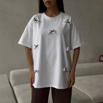 Плюс Размер Женский Летний Милый Бантик Сращивание Короткий Рукав Круглый Вырез Свободный Топ S белый