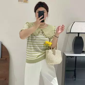 Плюс Размер Женский Летний Милый и Стройный Полосатый Кукольный Вырез Топ Короткие Рукава Топ XL зелёный
