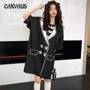 Плюс Размер Женский Летний Милый Круглый Вырез Пуловер Принт Мультфильм Ночная Рубашка one size