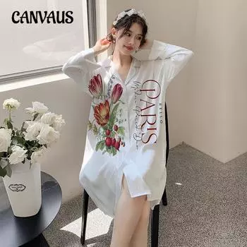 Плюс Размер Женский Летний Милый Мультяшный Кардиган Домашнее Платье Длинная Ночная Рубашка One Size тюльпан