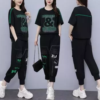 Плюс Размер Женский Летний Модный Костюм Сшитый Джинсовый Короткий Рукав Печать Свободный Корейский Вариант Женская Одежда XXXXL чёрный