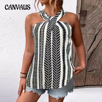 Плюс Размер Женский Летний Модный Полосатый Холтер Праздничный Бретельки Без Рукавов Топ 1XL