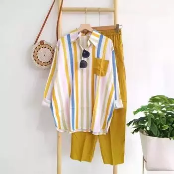 Плюс Размер Женский Летний Модный Свободный и Тонкий Удобный Повседневный Полосатый Костюм XXXXXL чёрный