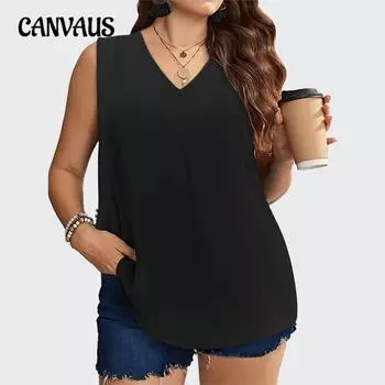 Плюс Размер Женский Летний Модный Темперамент Однотонный V-образный Вырез Жилет Свободный Без Рукавов Топ 1XL чёрный