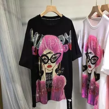 Плюс Размер Женский Летний Мультяшный Свободный Круглый Вырез Горячая Дрель Половина Рукава Топ L белый