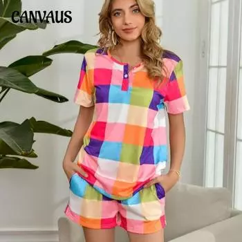 Плюс Размер Женский Летний Новый Цветной Клетчатый Печатный Домашний Костюм Повседневный Костюм S разноцветный