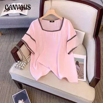 Плюс Размер Женский Летний Новый Литературный и Ретро Квадратный Воротник Топ С Короткими Рукавами 2XL розовый