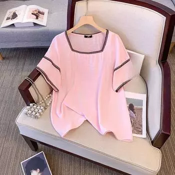 Плюс Размер Женский Летний Новый Литературный и Ретро Квадратный Воротник Топ С Короткими Рукавами 2XL розовый