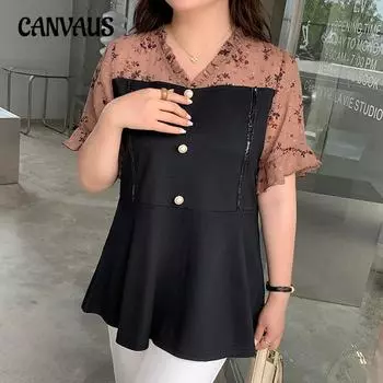 Плюс Размер Женский Летний Новый Лотос Рукав Темперамент Утягивающий V-образный Вырез Шифоновый Топ 2XL чёрный