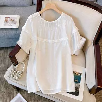 Плюс Размер Женский Летний Новый Маленький Свежий Свободный Лотос Короткий Рукав Топ 2XL белый