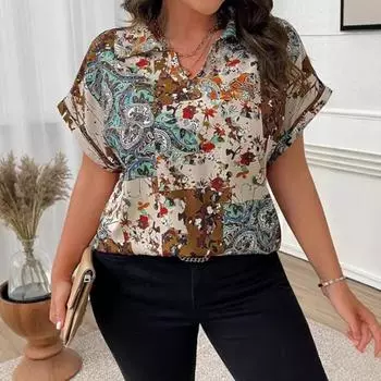 Плюс Размер Женский Летний Новый Модный Расписной Цветочный Принт V-образный Вырез Короткий Рукав Топ 0XL