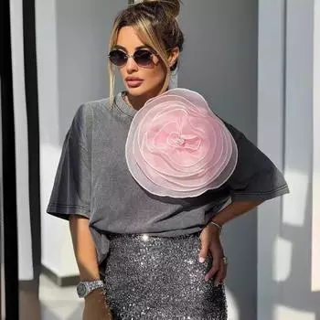 Плюс Размер Женский Летний Новый Модный Уличный Топ С Короткими Рукавами M розы красного