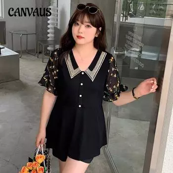 Плюс Размер Женский Летний Новый Обтягивающий Покрытый Рукав Лотоса Темперамент V-образный Вырез Короткий Рукав Топ 2XL чёрный