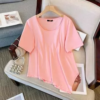 Плюс Размер Женский Летний Новый Однотонный Простой Нерегулярный Короткий Рукав Свободный Топ 2XL чёрный