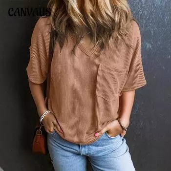 Плюс Размер Женский Летний Новый Повседневный Однотонный Пуловер С V-образным Вырезом Топ с Коротким Рукавом S белый