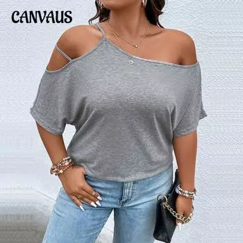Плюс Размер Женский Летний Новый Свободный Повседневный Косой Вырез Открытые Плечи Темперамент Короткий Рукав Топ 1XL серый