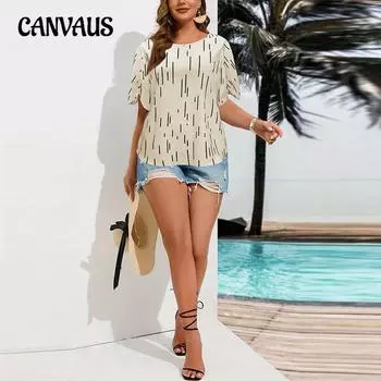 Плюс Размер Женский Летний Отдых Полосатый Принт Свободный Топ С Короткими Рукавами 1XL