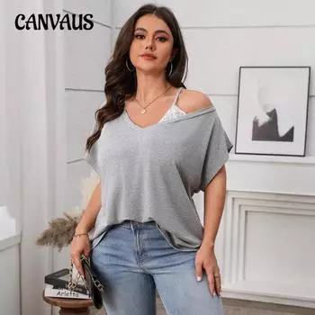 Плюс Размер Женский Летний Повседневный Однотонный Топ С Косым Плечом Рукавом Летучая Мышь 1XL серый