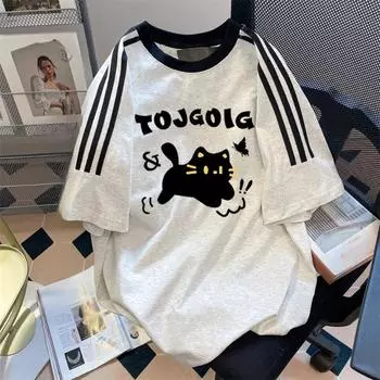 Плюс Размер Женский Летний Повседневный Три Бар Дизайн Sense Niche Топ С Короткими Рукавами Плеча M белый