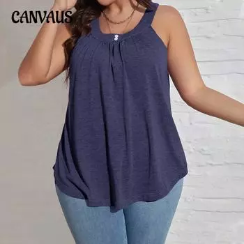 Плюс Размер Женский Летний Повседневный U-образный вырез Новый Свободный Однотонный Цвет Без Рукавов Топ 1XL синий