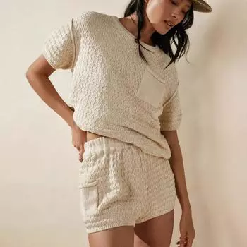 Плюс Размер Женский Летний Пуловер Карман Домашний Короткий Рукав Однотонный Трикотажный Топ S абрикосовый