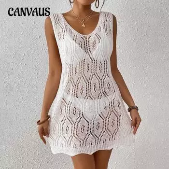 Плюс Размер Женский Летний Сексуальный Ажурный Тканый Жилет Бикини Смокинг Пляжное Платье S белый