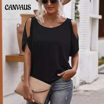 Плюс Размер Женский Летний Сексуальный Круглый Вырез С Открытыми Плечами Шнуровка Ажурный Короткий Рукав Топ XS чёрный