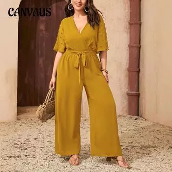 Плюс Размер Женский Летний Сексуальный Завязывающийся На Бантике Прямой Свободный Комбинезон С Высокой Талией 0XL жёлтый