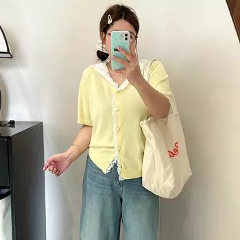 Плюс Размер Женский Летний Сшитый Кружева Темперамент Трикотажный Свободный Кардиган Топ С Короткими Рукавами XL чёрный