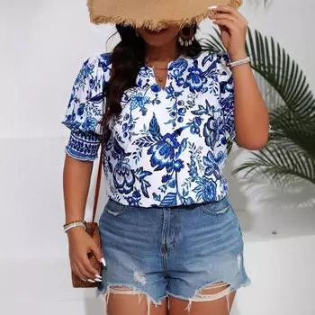 Плюс Размер Женский Летний Стиль Принт Свободный Повседневный Топ С V-образным Вырезом И Короткими Рукавами 0XL синий