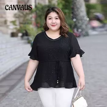 Плюс Размер Женский Летний Свободный Утягивающий Топ С Короткими Рукавами и Завязкой На Талии 2XL чёрный