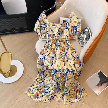 Плюс Размер Женский Летний Темперамент Свободный Покрой Мясо Квадратный Воротник Модный Цветочный Короткие Рукава Платье 2XL