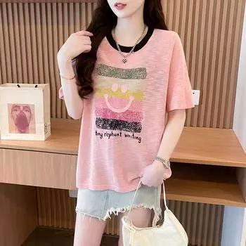 Плюс Размер Женский Летний Тонкий Солнцезащитный Вышитый Свободный Топ С Короткими Рукавами M розовый