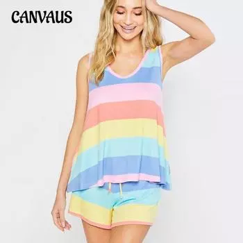 Плюс Размер Женский Летний Топ Пляжный Купальник Новый Полосатый Пижама Комплект Из Двух Частей L