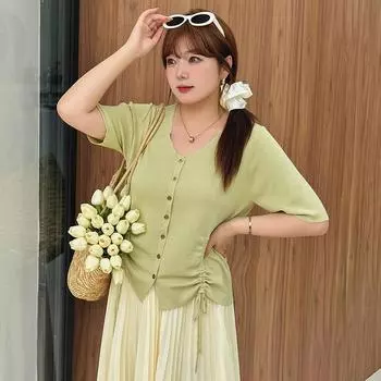 Плюс Размер Женский Летний Топ С V-образным Вырезом, Завязками, С Короткими Рукавами, Свободной Трикотажной Кружева XL чёрный