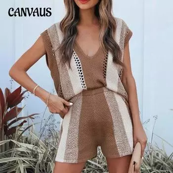 Плюс Размер Женский Летний Трикотаж V-образный Вырез Новая Мода Повседневный Куртка Шорты Костюм Из Двух Частей S хаки