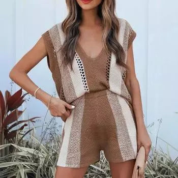 Плюс Размер Женский Летний Трикотаж V-образный Вырез Новая Мода Повседневный Куртка Шорты Костюм Из Двух Частей S хаки
