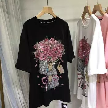 Плюс Размер Женский Летний Универсальный Тонкий Круглый Воротник Горячая Дрель В Длинном Верхе L белый