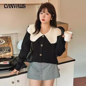 Плюс Размер Женский Милый Возрастной Уменьшающий Кукольный Воротник Осень Свободный Вязаный Кардиган Свитер XL чёрный