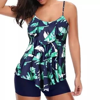 Плюс размер женский модный летний универсальный сексуальный цельный купальник с принтом и оборками XL армия зеленый
