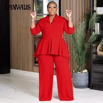 Плюс Размер Женский Модный Однотонный Приталенный Повседневный Костюм 1XL красный