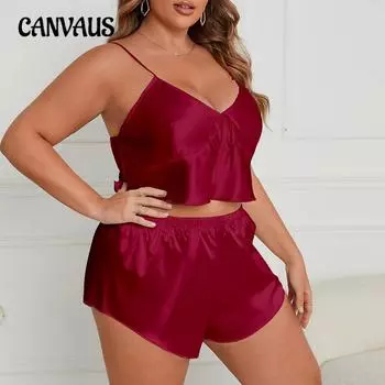 Плюс Размер Женский Новый Ice Silk V-образный вырез Хальтер Шорты Пижамный комплект 1XL розы красного