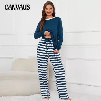 Плюс Размер Женский Новый Круглый вырез Длинный рукав Топ Полосатый Печатный Стринги Брюки Домашняя Одежда Пижамный Комплект S серый