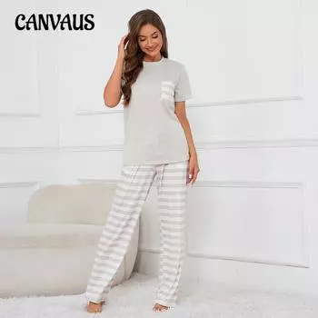 Плюс Размер Женский Новый Круглый вырез Короткий рукав Топ Полосатый Печатный Стринги Брюки Домашняя Одежда Пижамный Комплект S серый