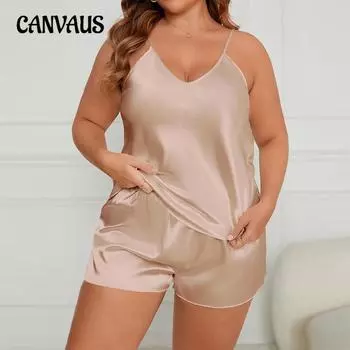 Плюс Размер Женский Новый Ледяной Шелк Сексуальный V-образный вырез Шорты Пижамный Комплект 1XL шампанского