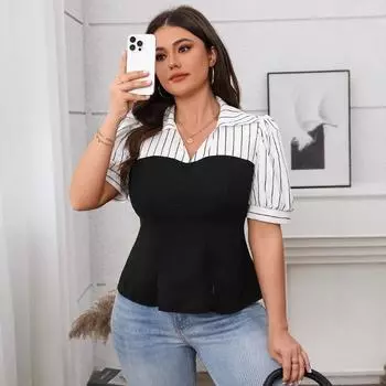 Плюс Размер Женский Новый Летний Полосатый Лоскутный Тонкий Топ С Короткими Рукавами 1XL чёрный