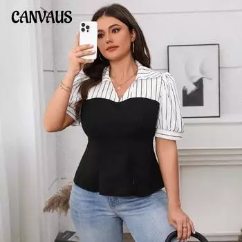 Плюс Размер Женский Новый Летний Полосатый Лоскутный Тонкий Топ С Короткими Рукавами 1XL чёрный