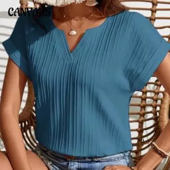 Плюс Размер Женский Новый Однотонный Цвет V-образный Вырез Рукав Летучая Мышь Повседневный Топ S синий