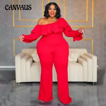 Плюс Размер Женский Новый Однотонный Сексуальный Модный Свободный Косой Плечо Грудь Комбинезон 1XL чёрный